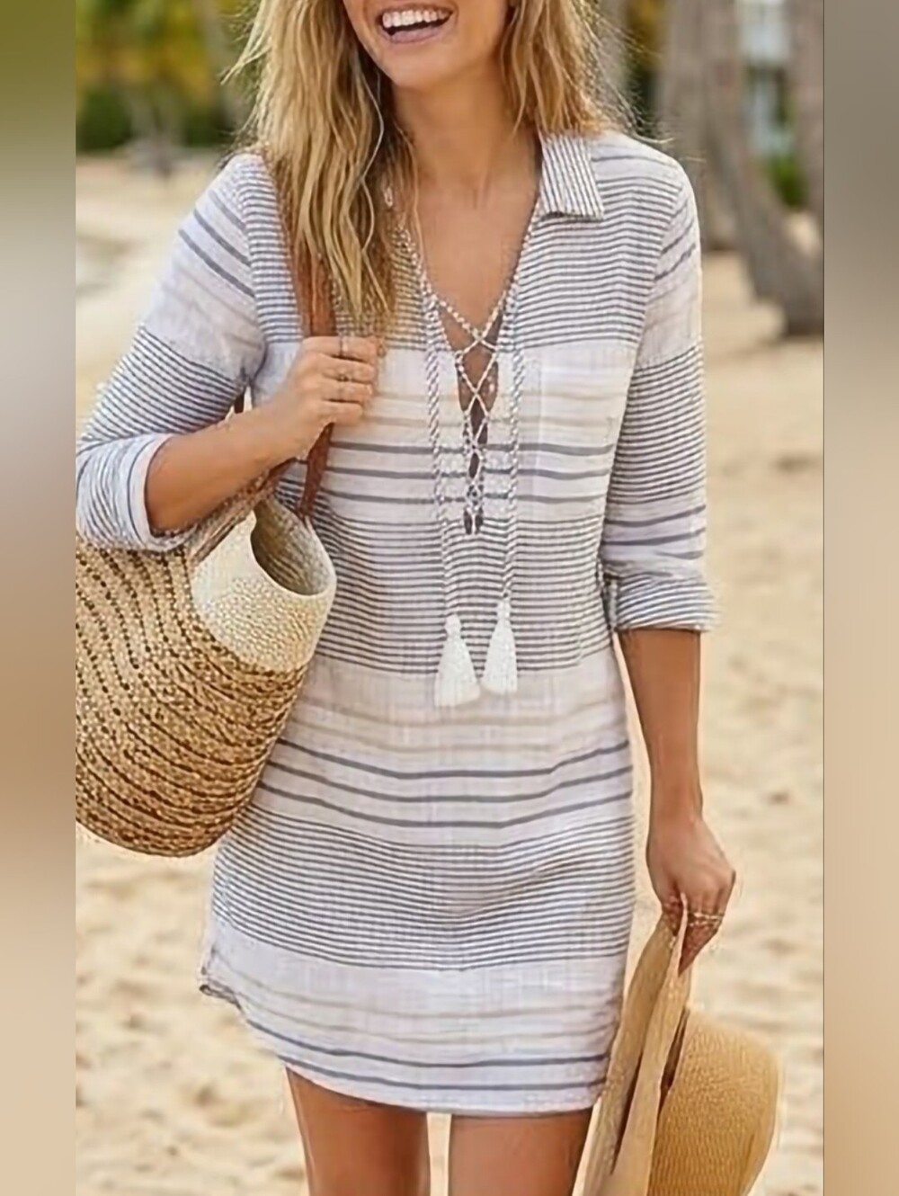 blue island 100% Cotton Striped Lace-Up Swim Coverup Gray/White Lightweight Larg